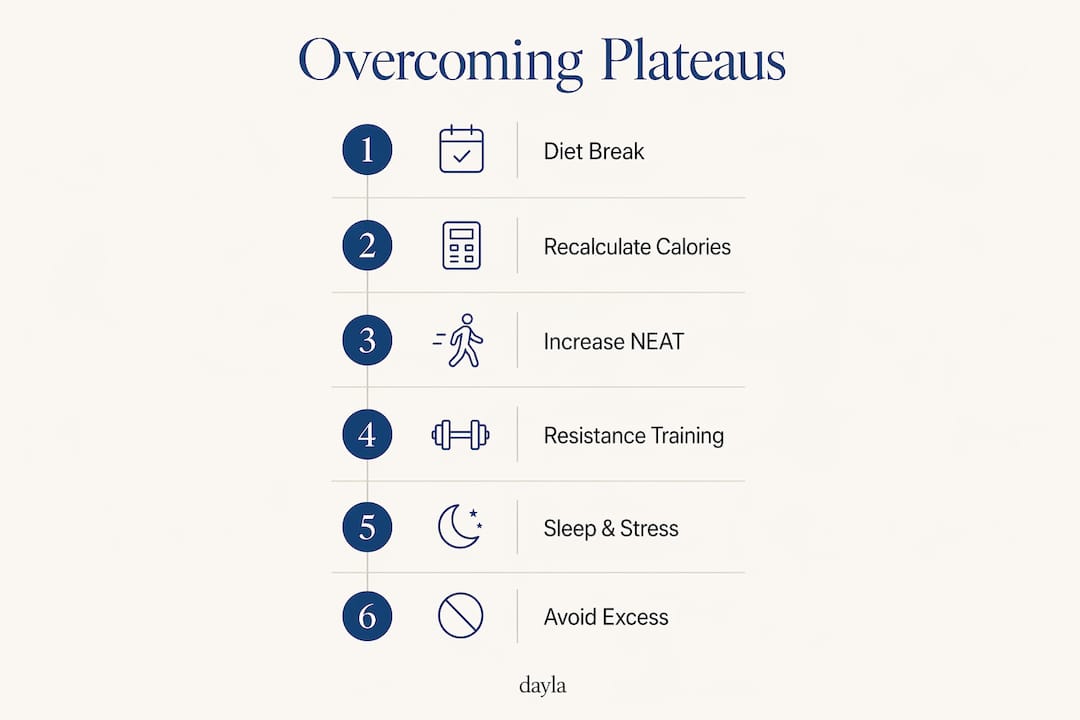 Infographic illustrating strategies to overcome weight loss plateaus