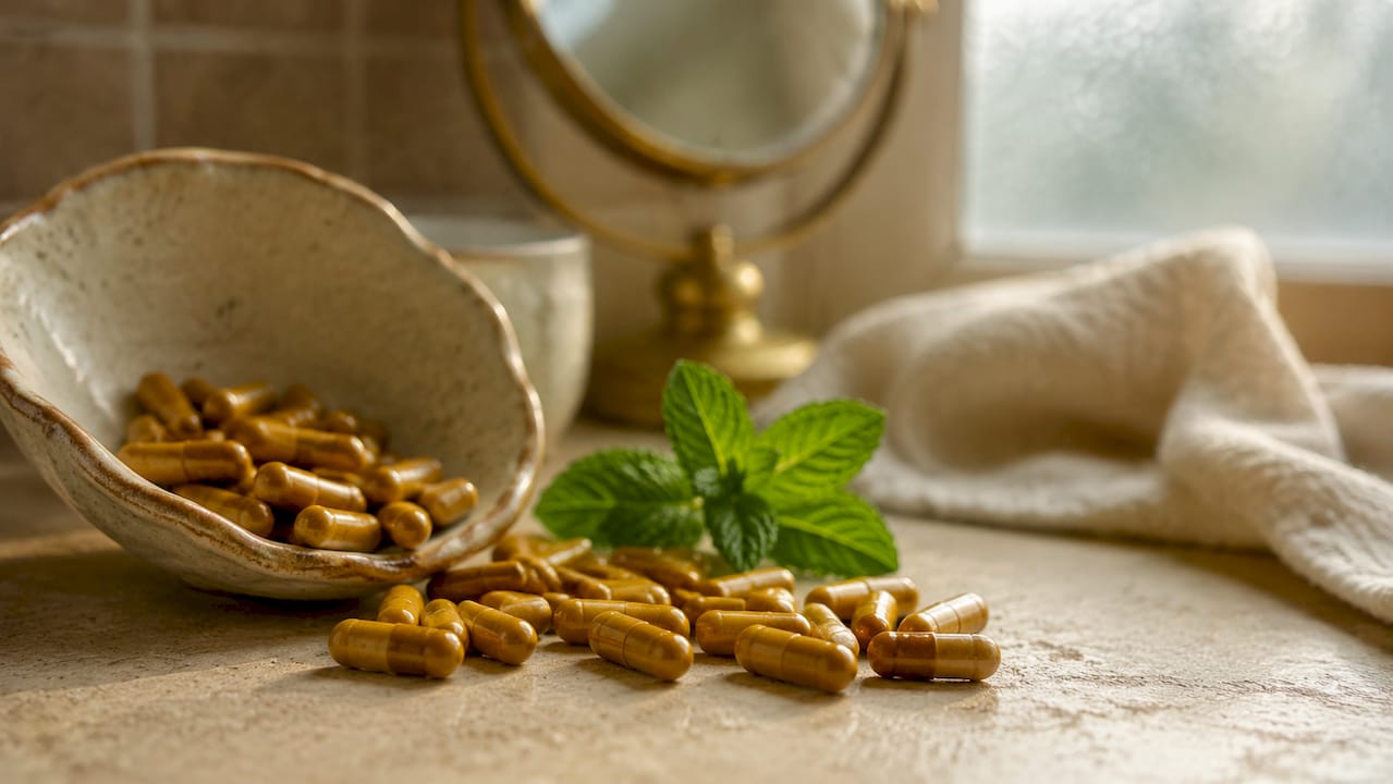 Close-up of berberine capsules on counter