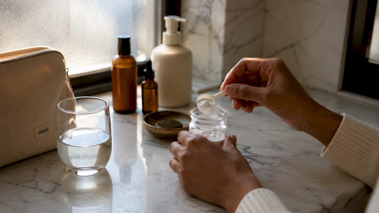 Hands holding peptide supplement capsules on counter