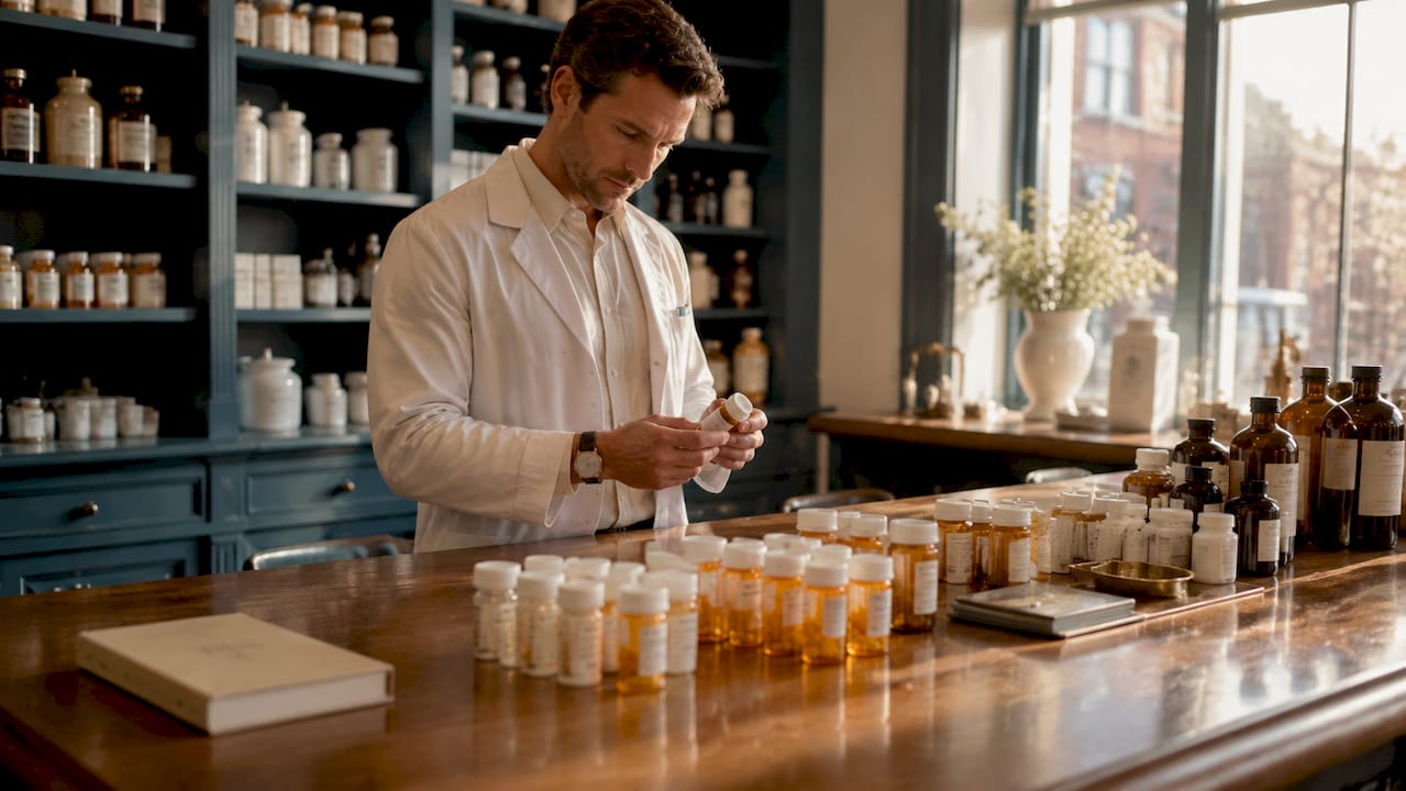 Pharmacist organizing GLP-1 medicine bottles