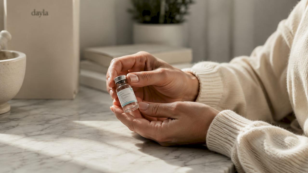 Hands holding prescription bottles for peptide medications