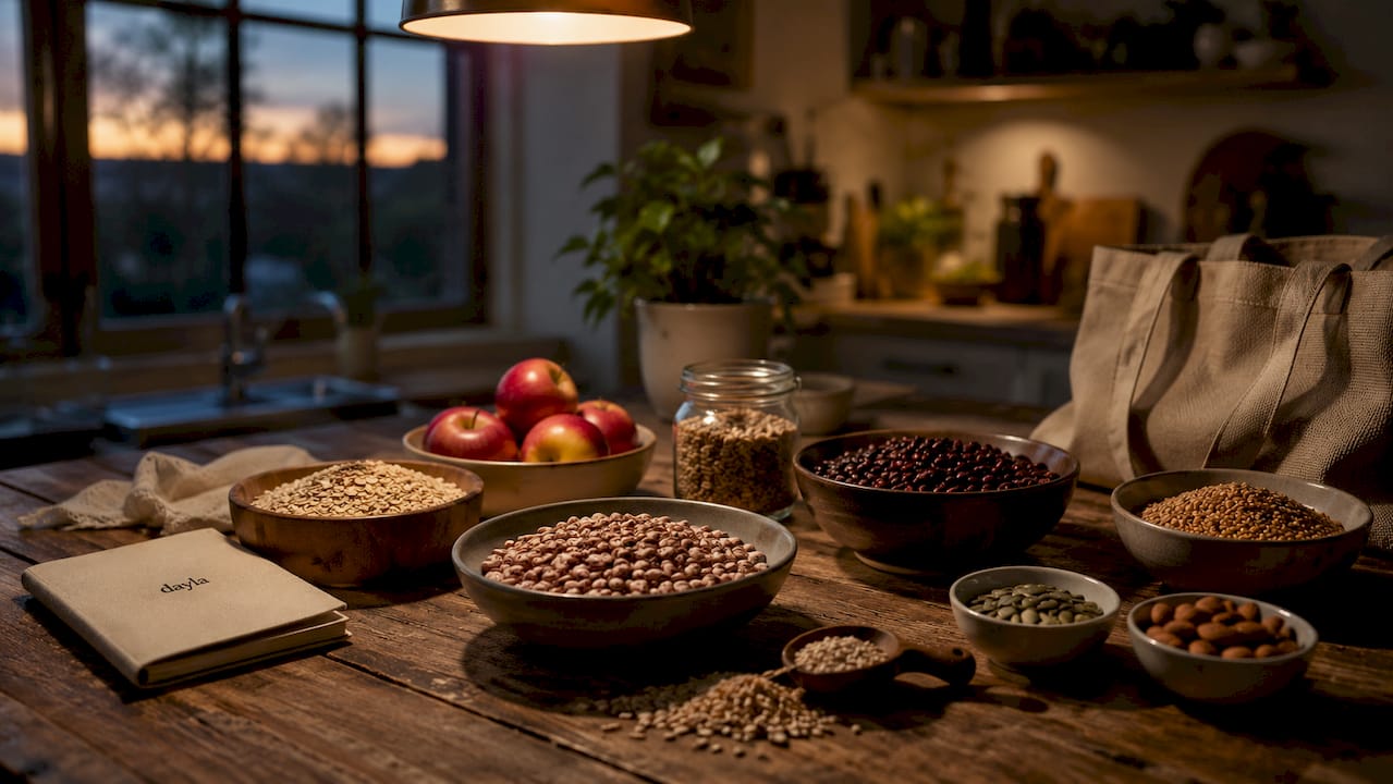 Variety of high-fiber foods on wooden table