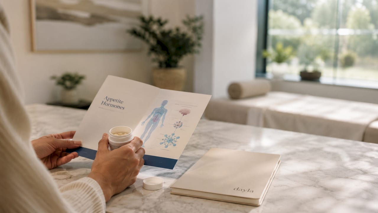 Hands holding pill bottle and medical pamphlet on desk
