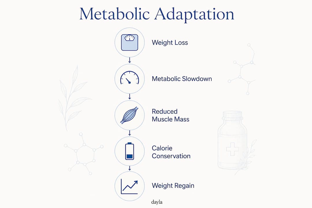 Infographic explaining metabolic adaptation process leading to weight regain