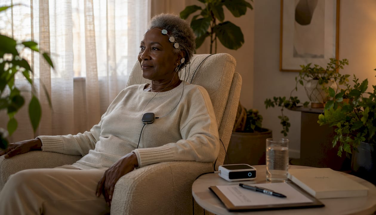 Elderly woman undergoing cognition research with EEG
