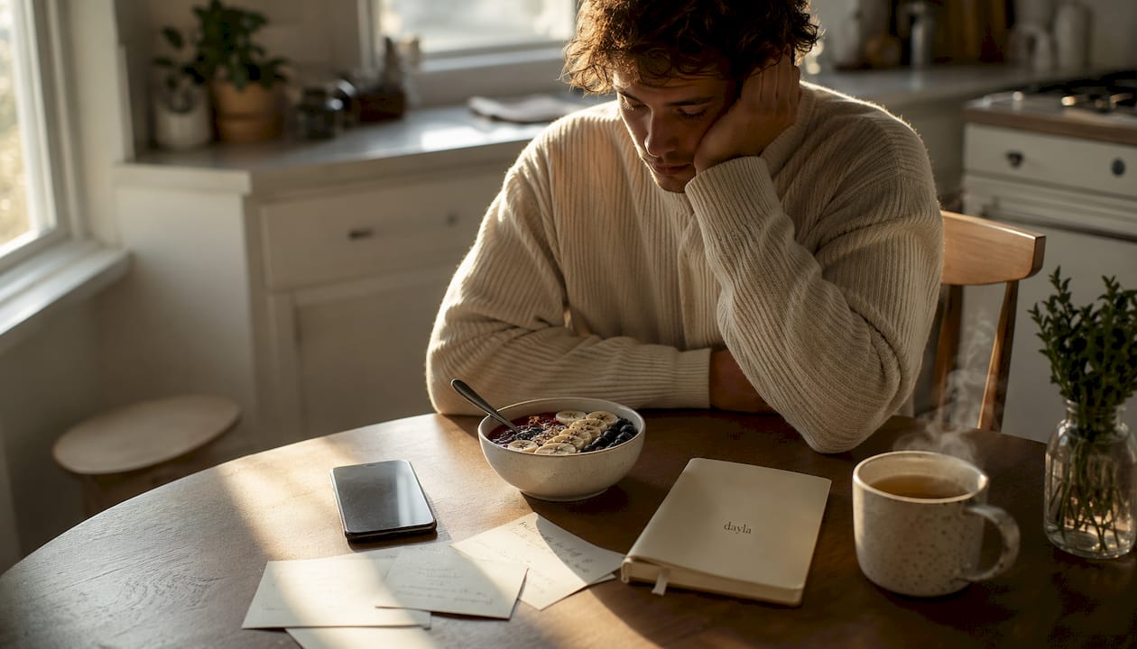 Man distracted by food thoughts at kitchen table