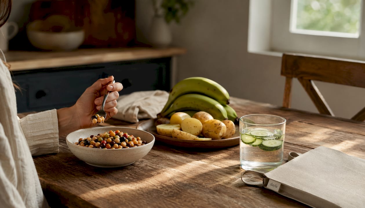 Overhead view of fiber-rich meal on rustic table