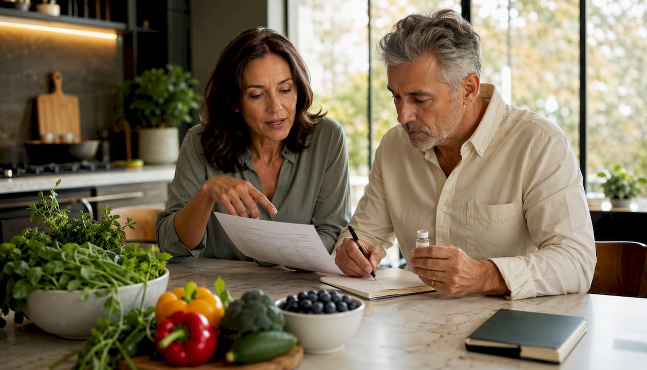 Couple reviewing peptide and diet plan at home