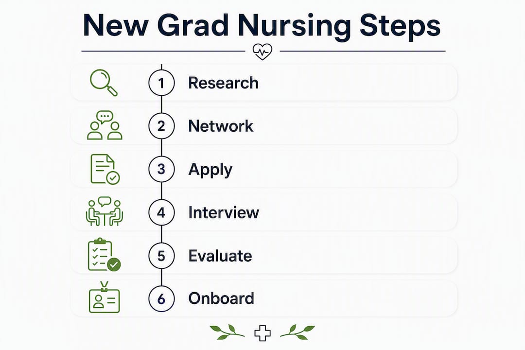 Infographic showing key steps for new grad nursing jobs