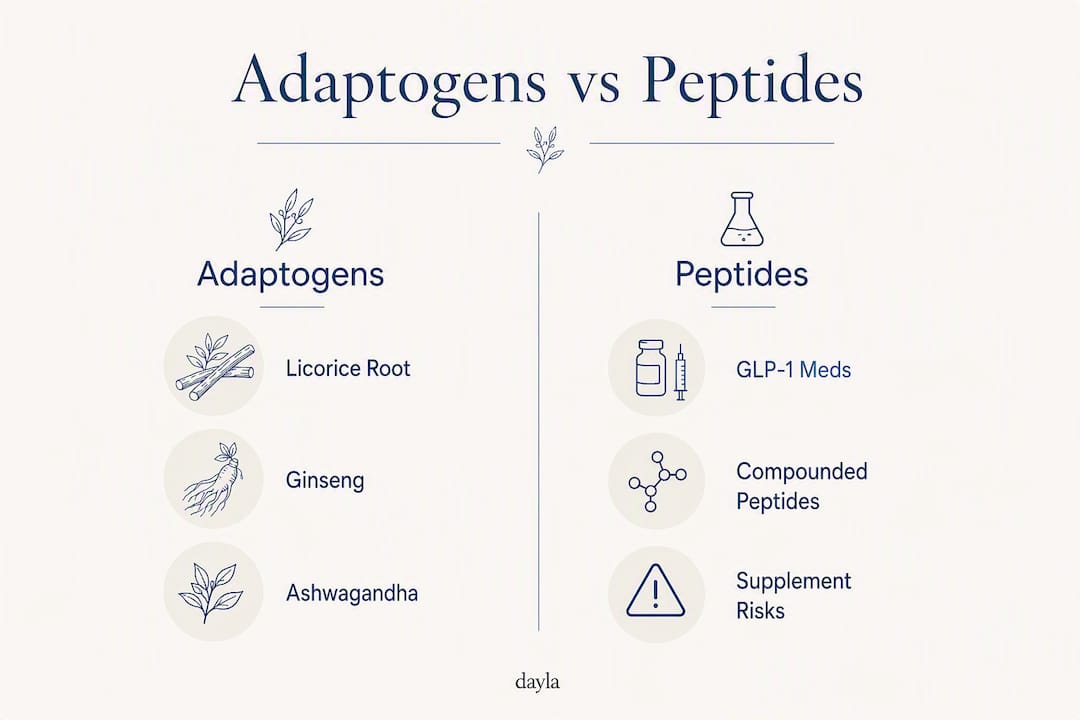 Infographic comparing adaptogens and peptides with risks and categories