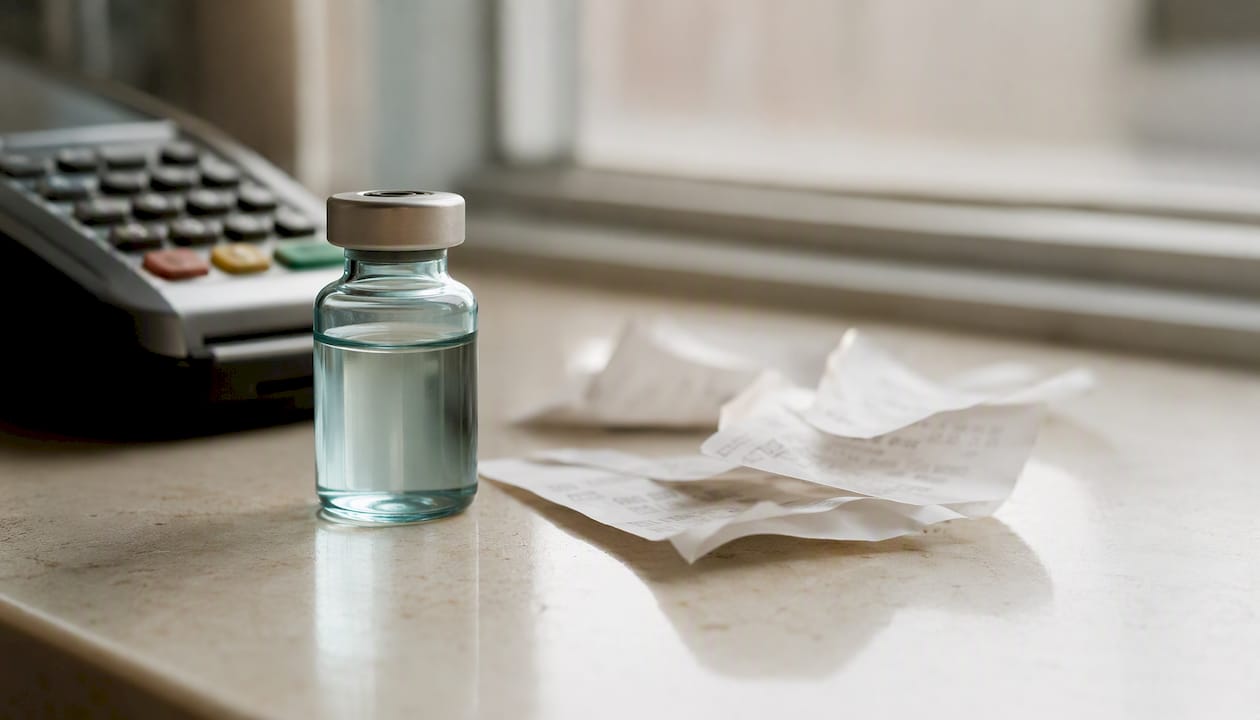 Prescription vial and receipts on pharmacy counter