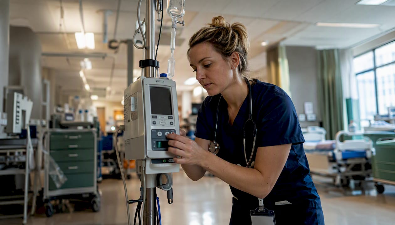 Nurse adjusting hospital equipment mid-action