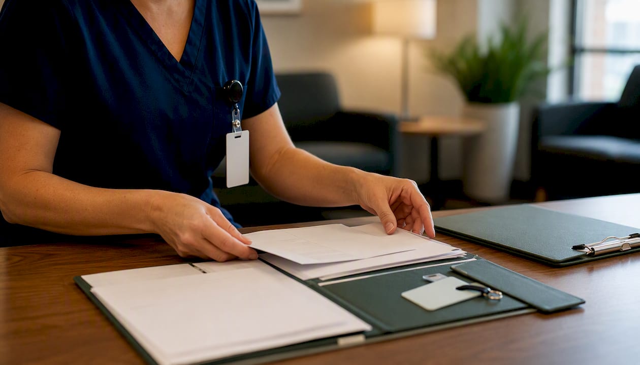 Nurse hands assembling credential documents