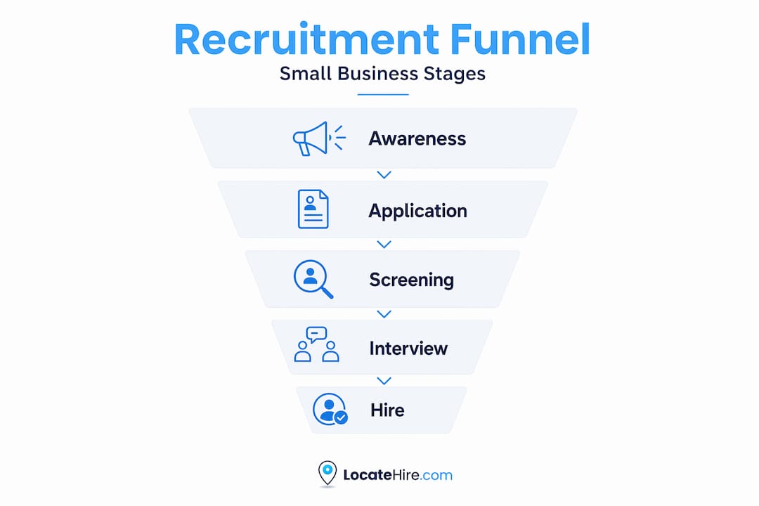 Recruitment funnel stages vertical flow infographic
