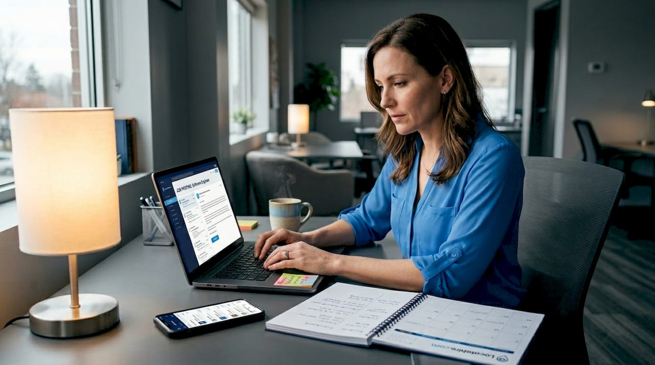 Small business worker scheduling job postings on laptop