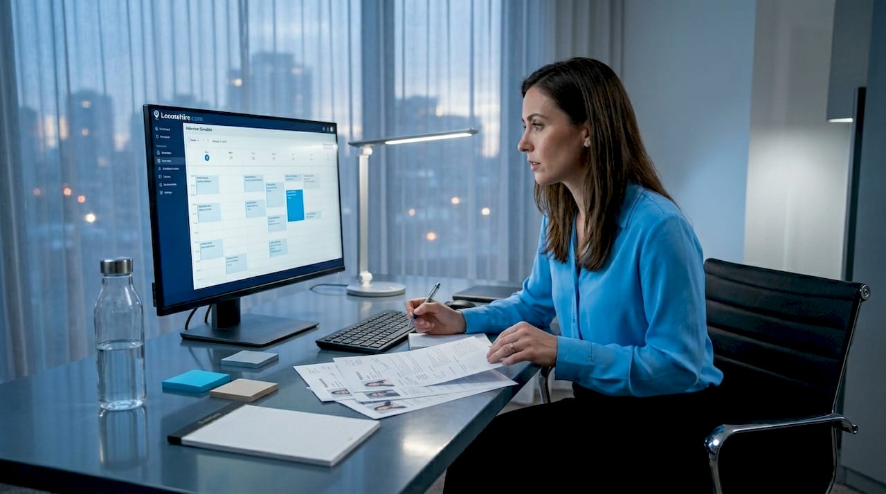HR manager scheduling candidate interviews at desk