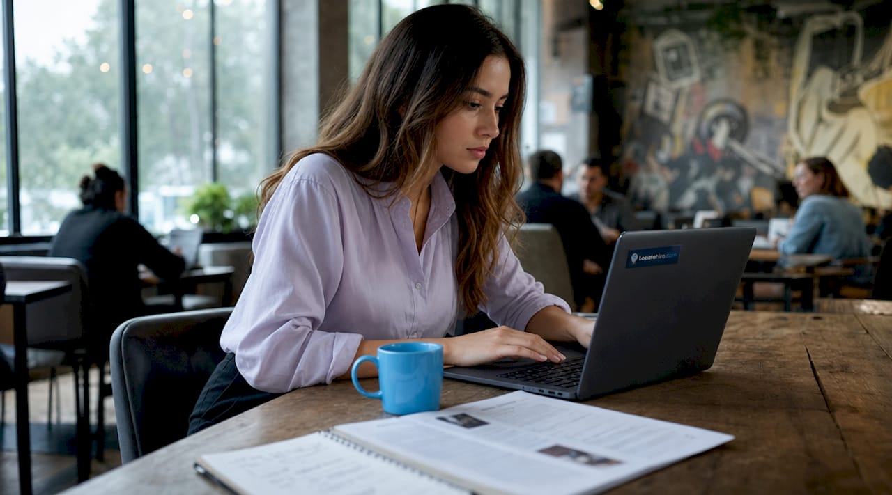 HR assistant processing resumes at small office desk