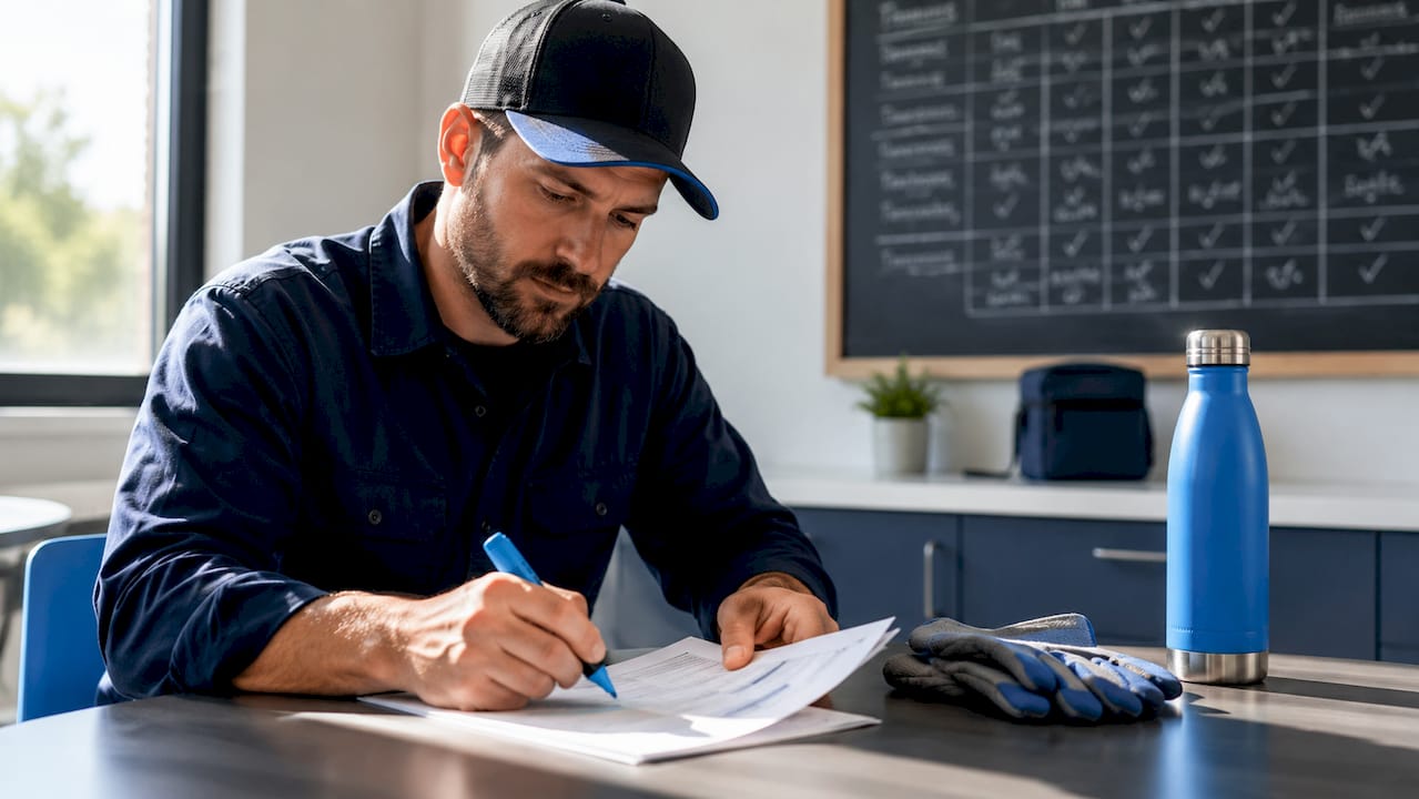 HVAC technician reading job summary at breakroom table