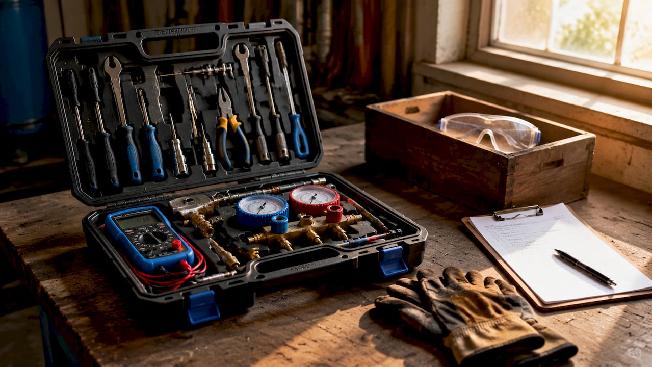 Overhead view of organized HVAC tool kit on workbench