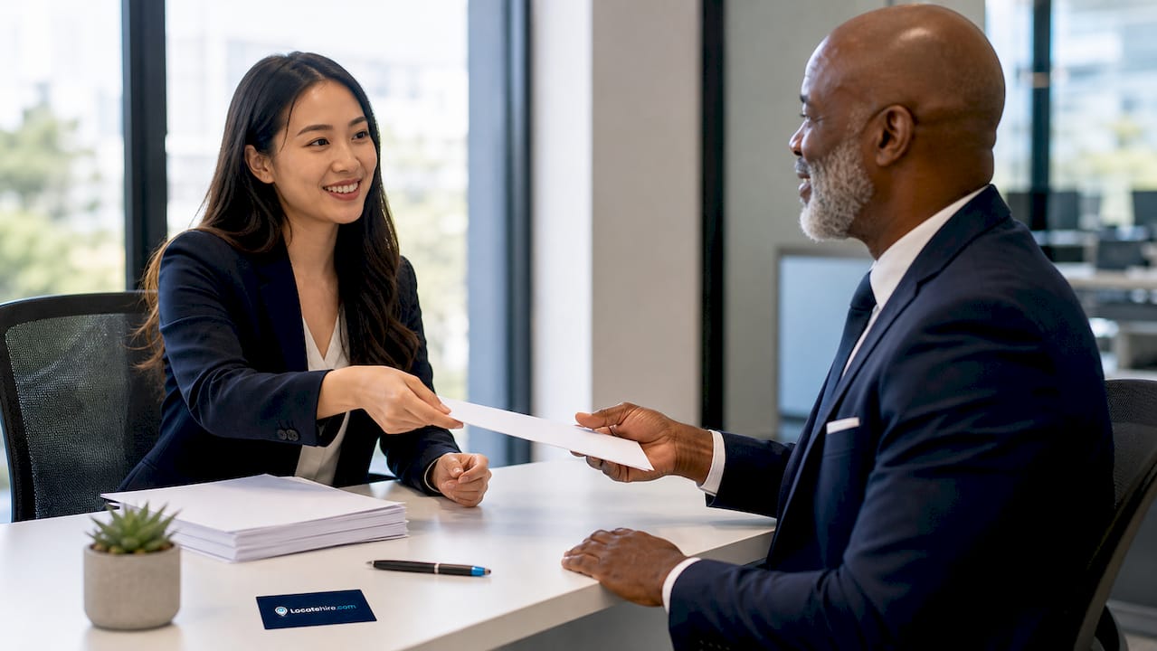 Hands exchanging at-will employment agreement