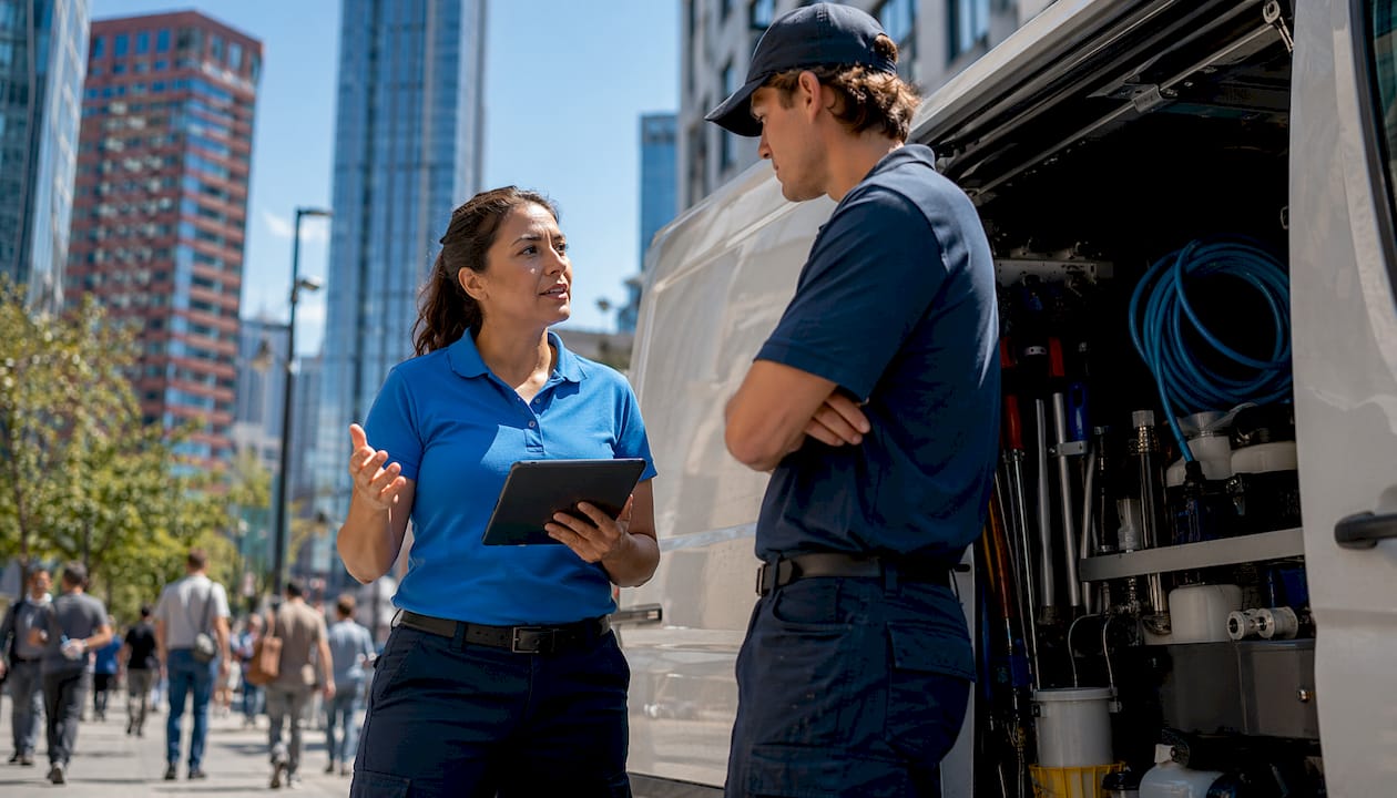 Lead technician briefing new hire next to van
