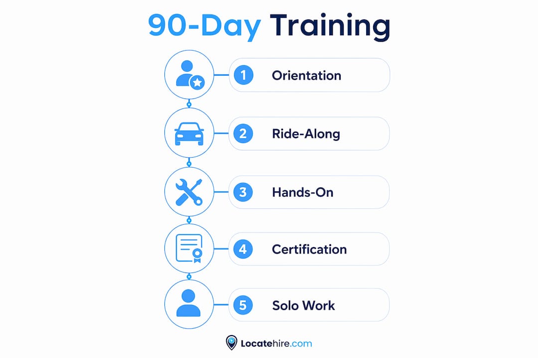 Infographic outlining 90-day training steps for pool technicians