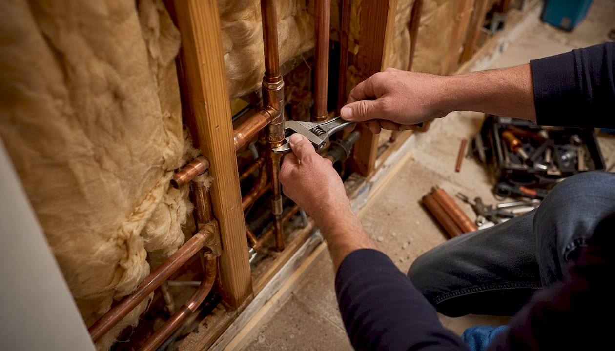 Plumber installing pipes inside wall framing