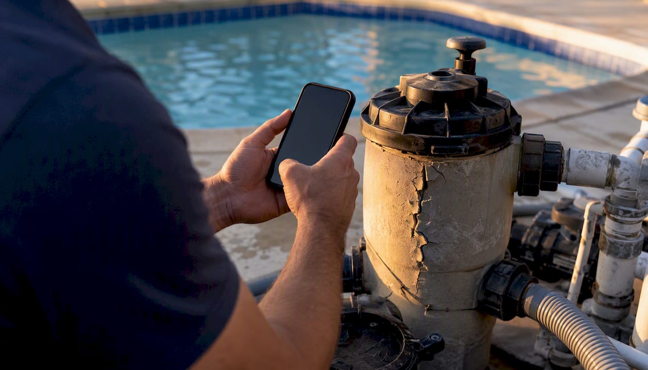 Photographing cracked pool filter housing