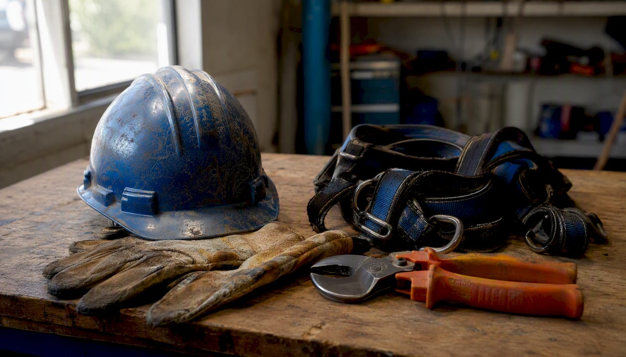 Plumbing safety gear on workshop bench