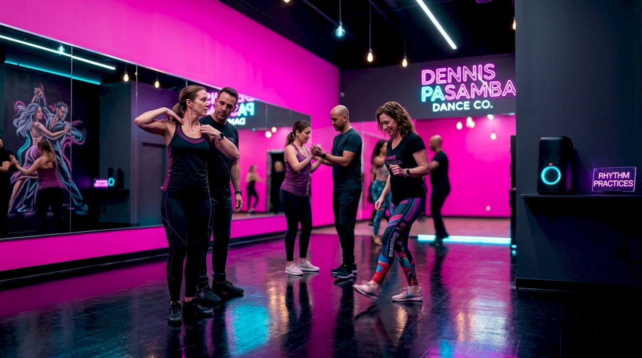 Adults practicing posture in dance studio