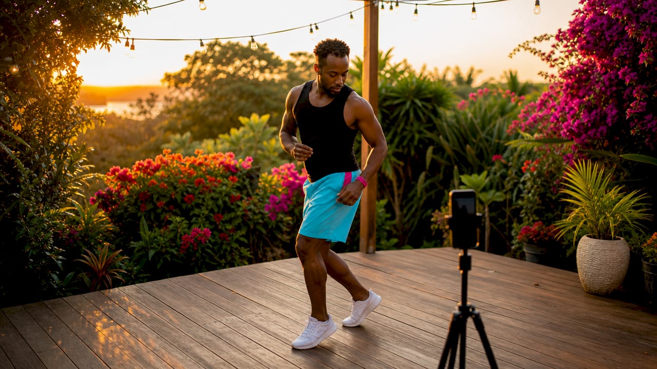 Man filming bachata solo practice with phone camera