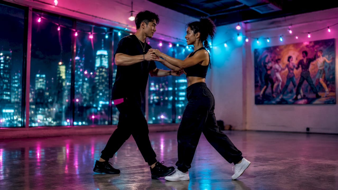 Couple dancing basic salsa step in studio