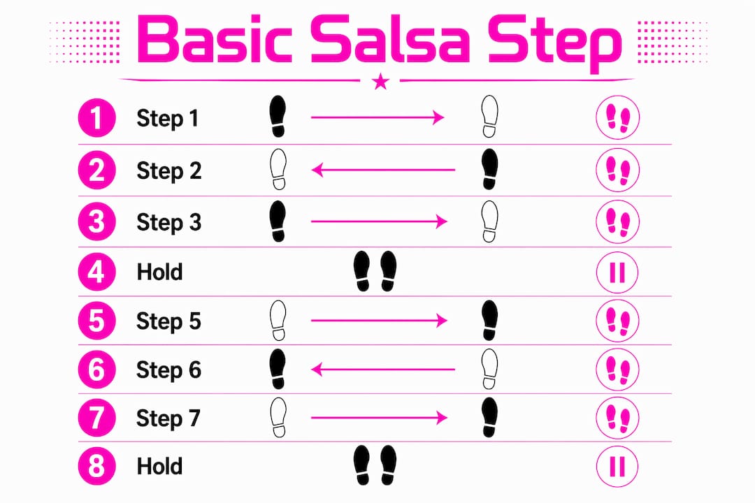 Infographic illustrating the 8-count basic salsa step timing