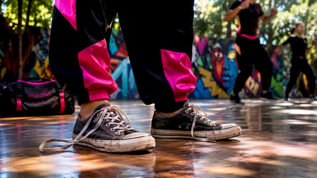 Canvas sneakers with smooth soles on dance floor