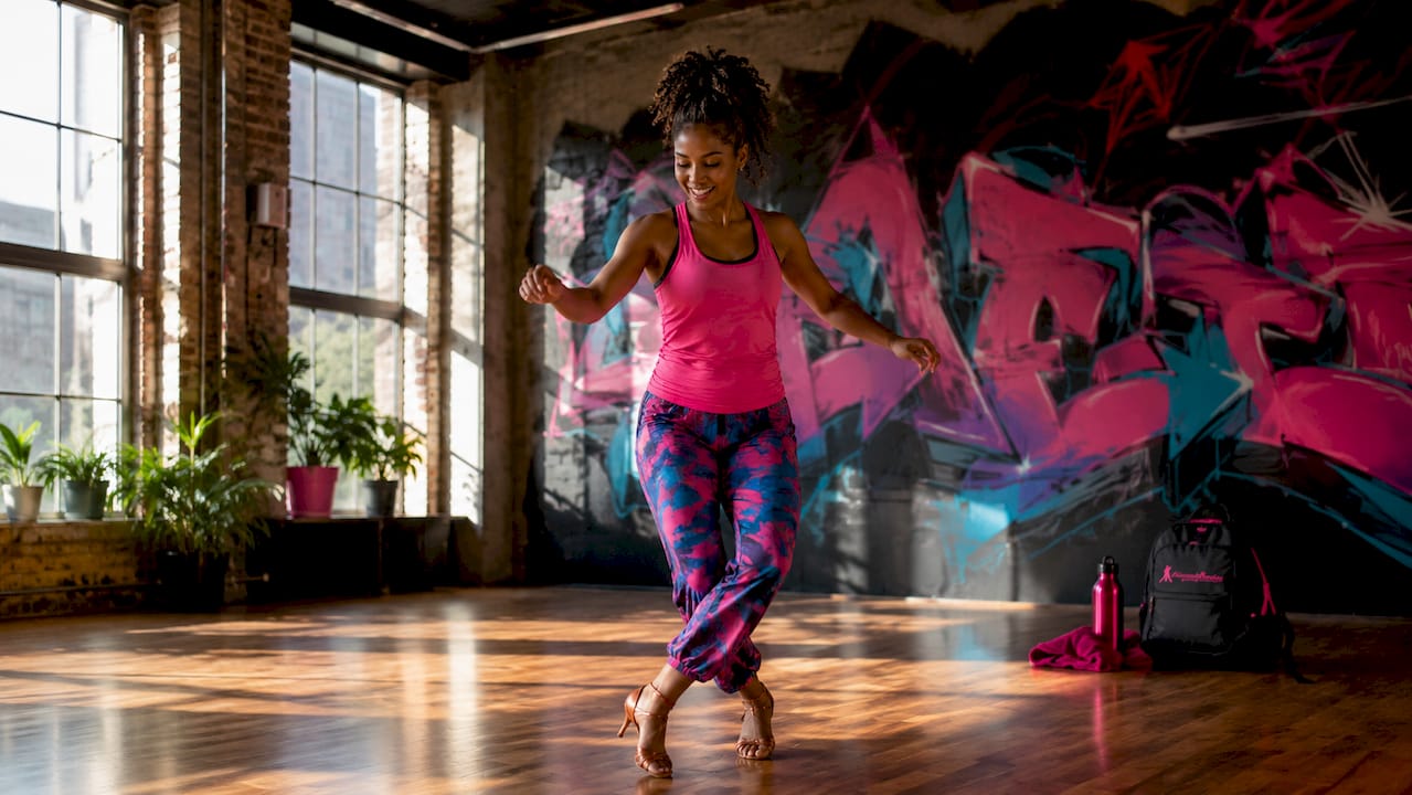 Woman practicing salsa footwork alone at home studio