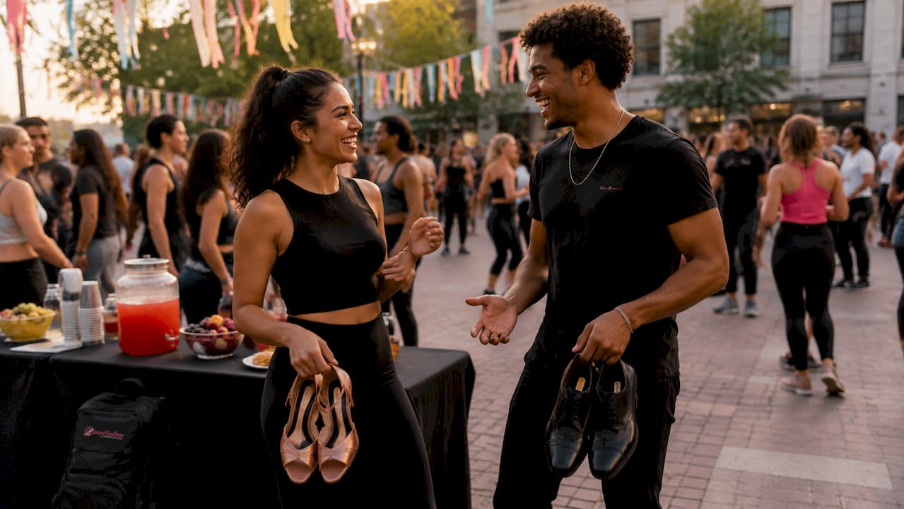 Two dancers chatting before class start