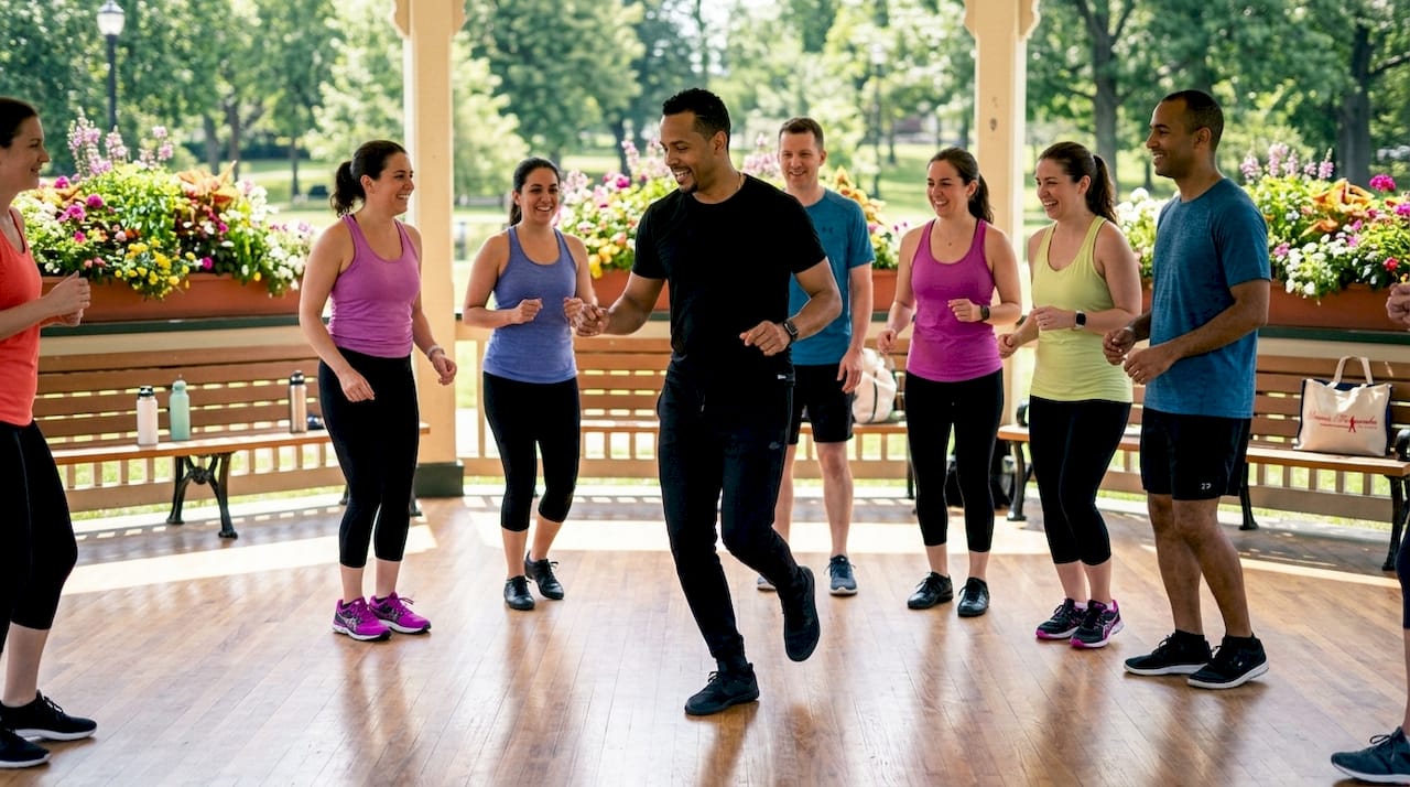Beginner salsa class with instructor and students