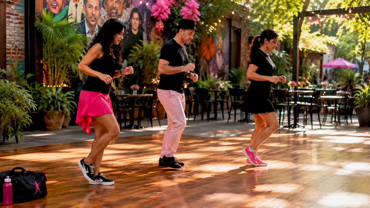 Close-up of dancers' feet practicing Cumbia steps