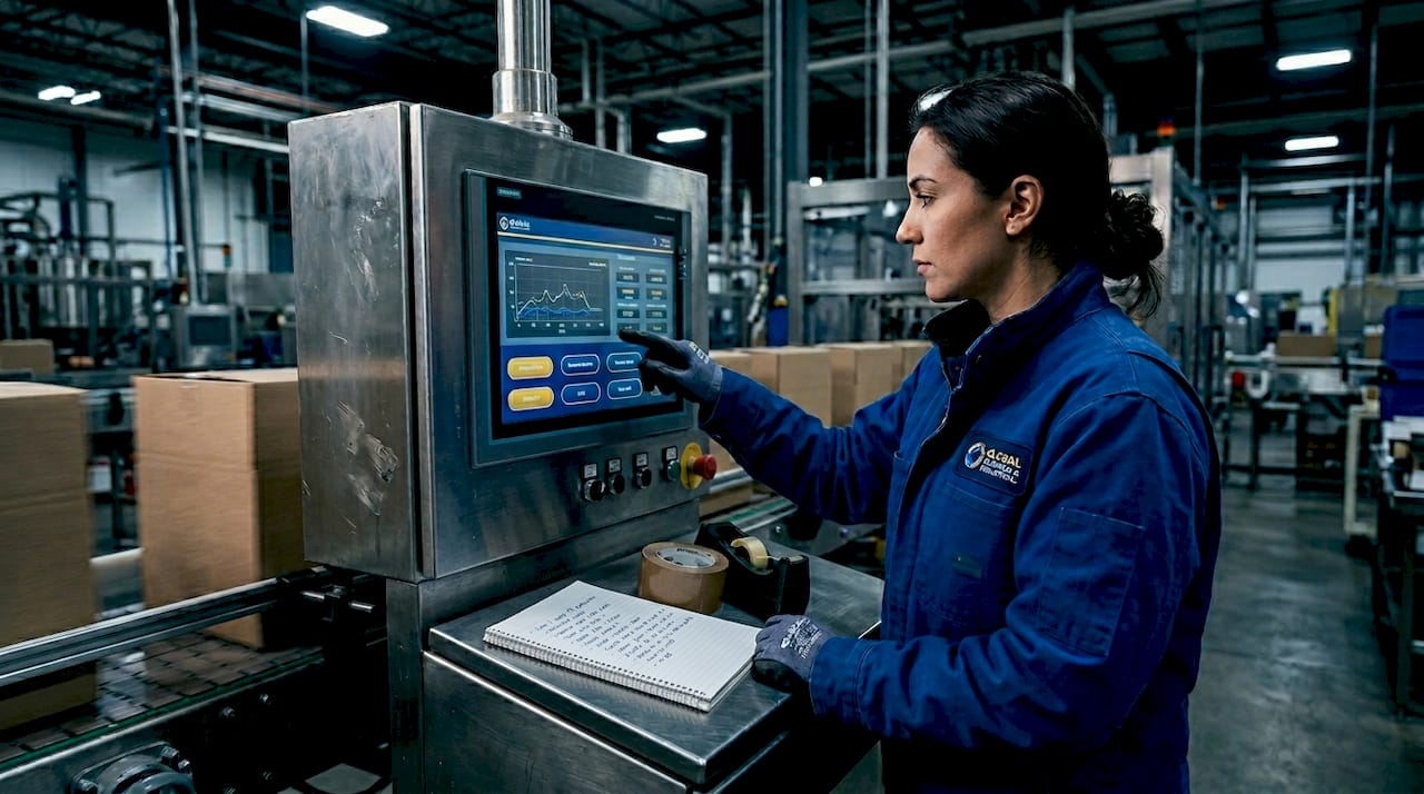 Operator using touchscreen HMI beside conveyor