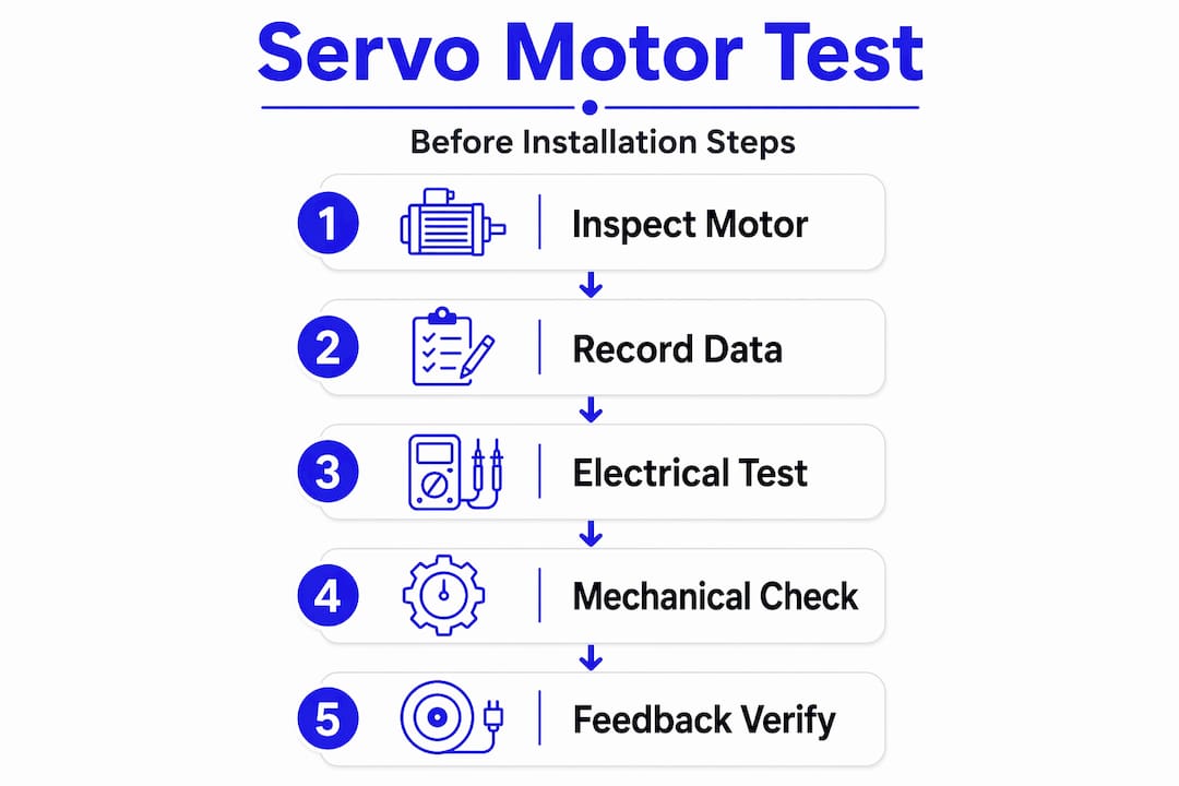 Infographic with five-step servo motor testing flow