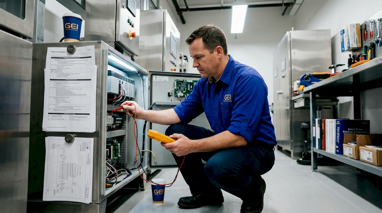Technician troubleshooting PLC module power issue