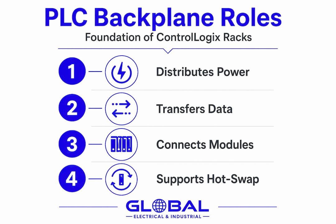 Infographic showing PLC backplane main functions