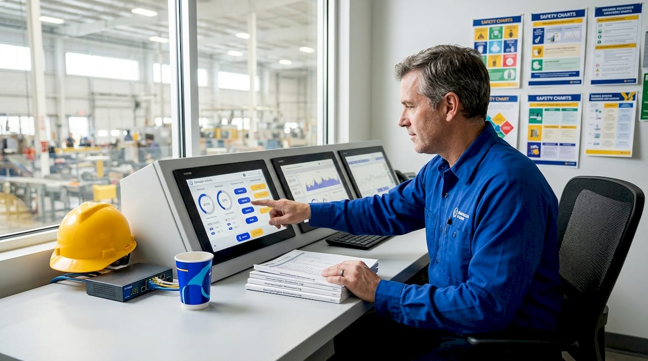 Operator using HMI at plant floor workstation