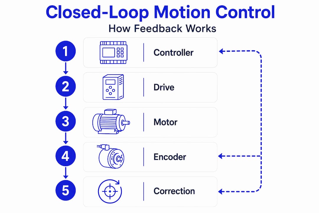 Infographic of motion control closed-loop feedback steps