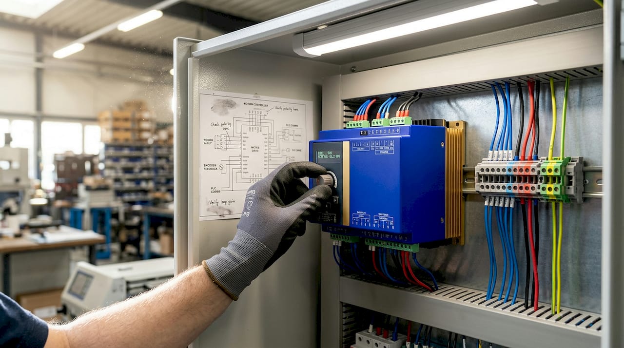 Technician adjusting industrial motion controller wiring