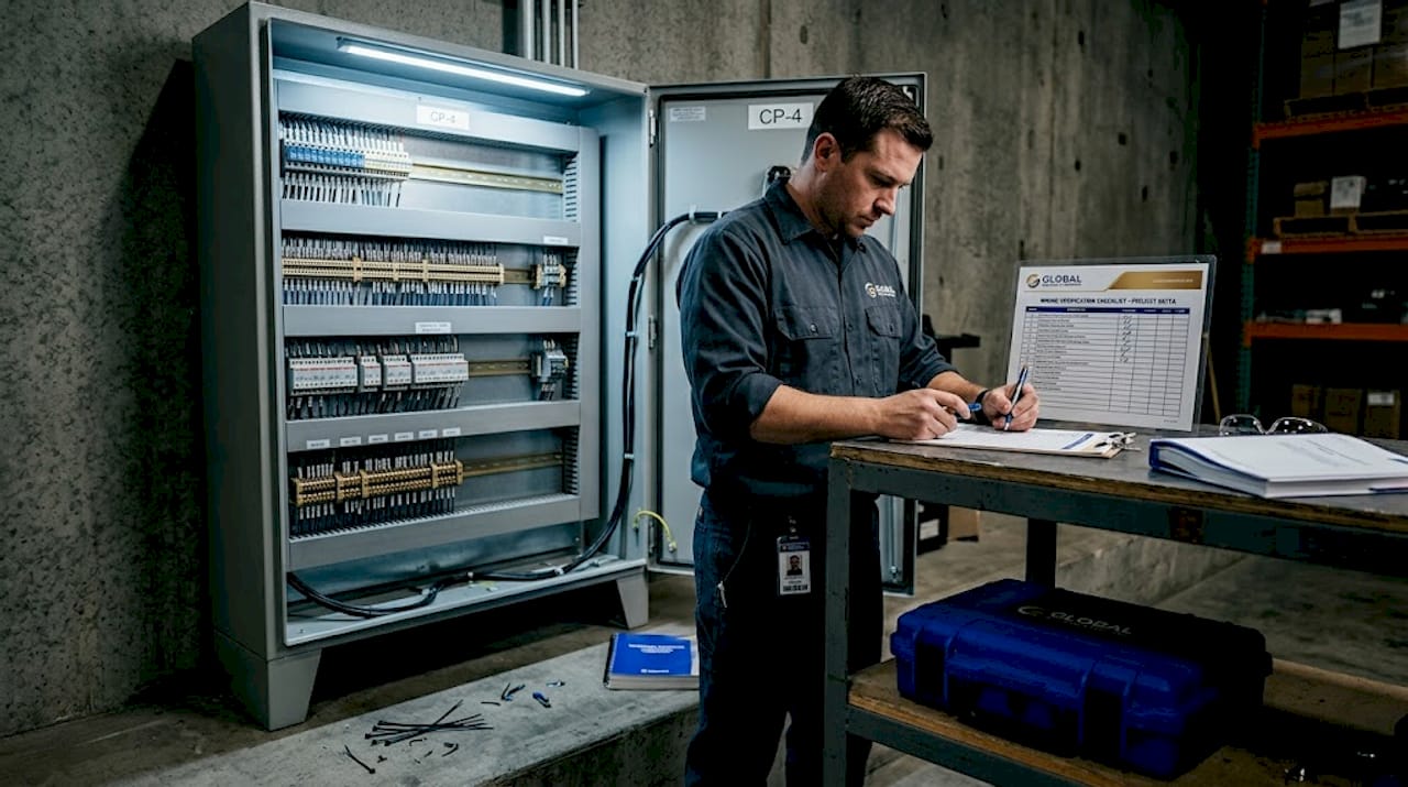 Technician inspecting labeled industrial control panel