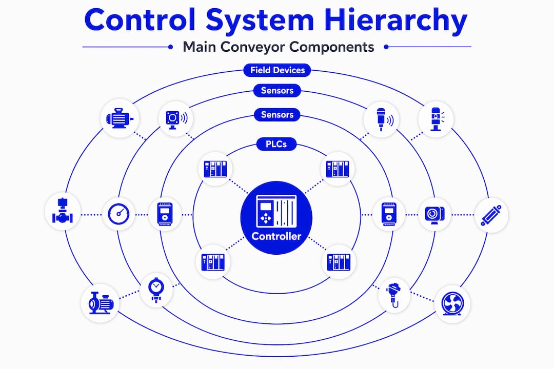 Hierarchy infographic of conveyor system control components