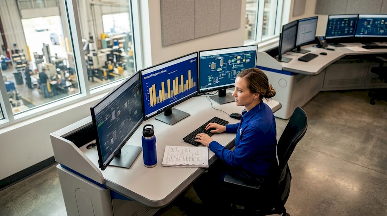Technician monitoring live sensor data screens