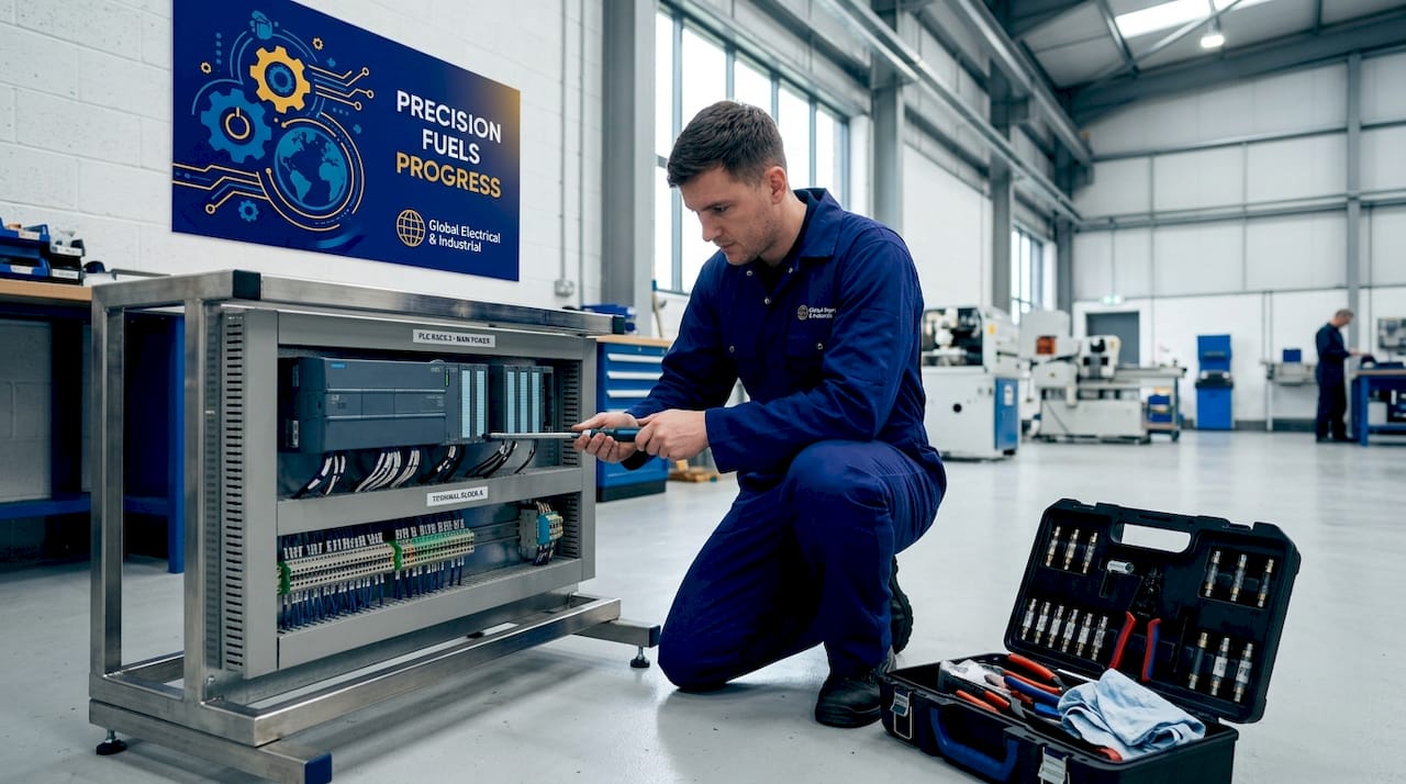 Technician checks PLC module connections