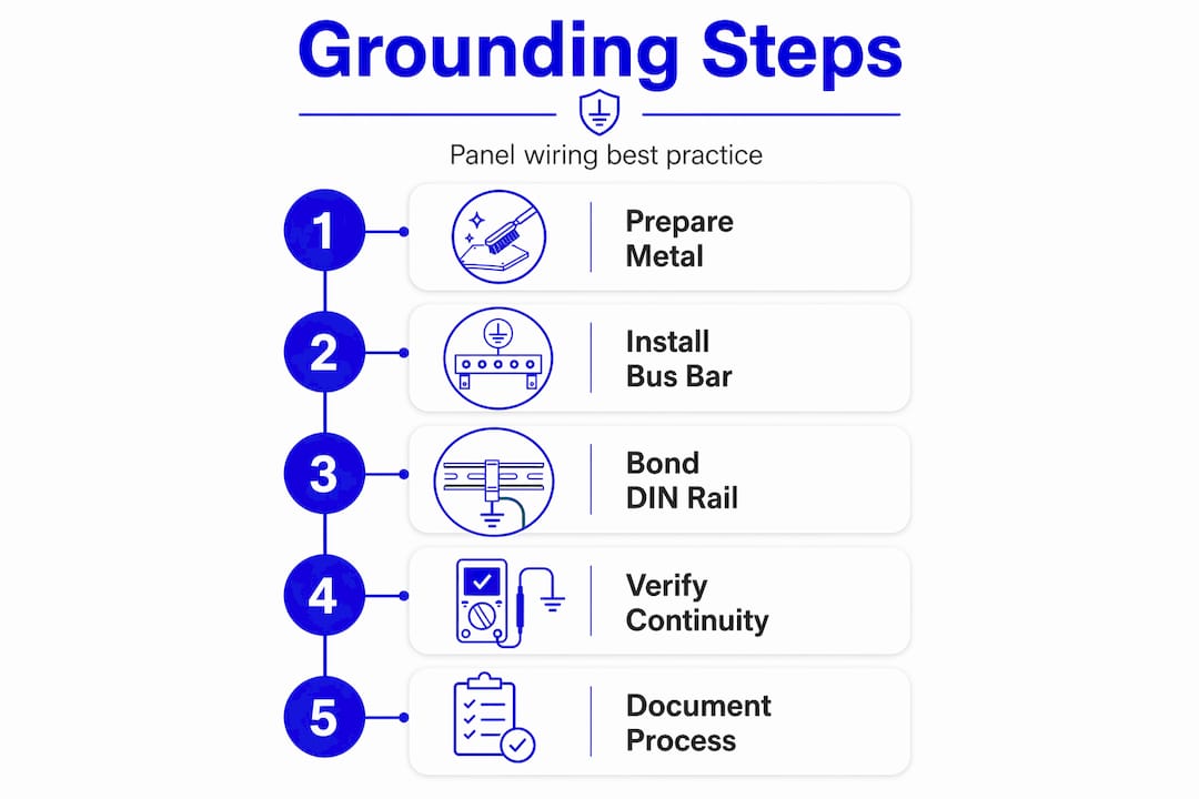 Infographic showing correct control panel grounding steps